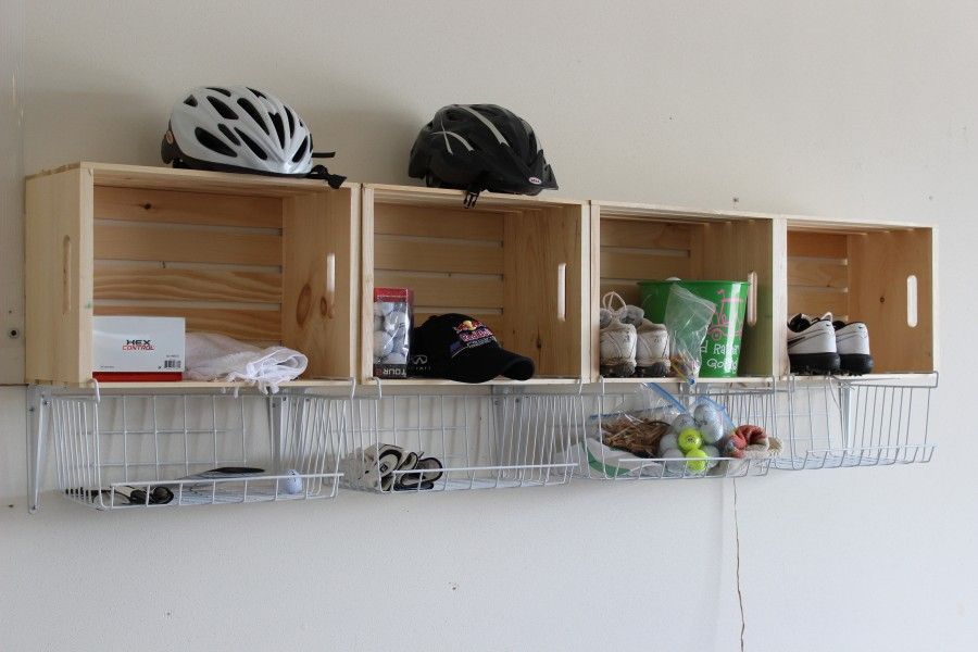 Cubbies in the garage from wooden crates