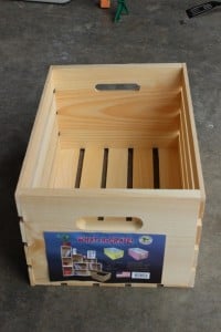 Wooden crate used to make cubbie shelves.