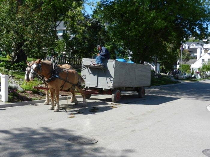 Garbage day! Even the garbage 'truck' is horse drawn.