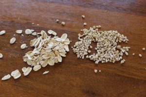 Old fashioned oatmeal on the left, steel cut oatmeal on the right.