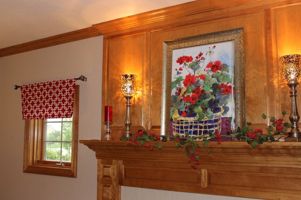 freshening up the family room Red valance with geranium mantle