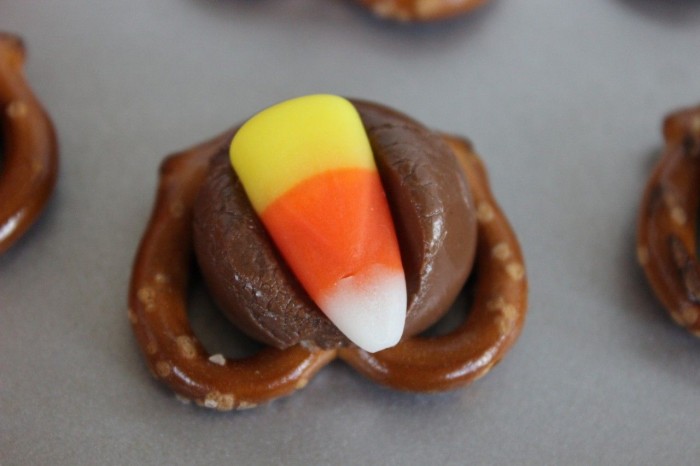 Pretzel and Hershey Kisses treat with candy corn.