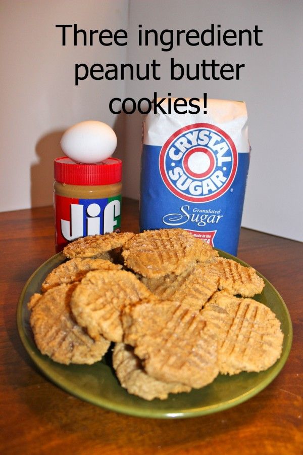Three ingredient peanut butter cookies. The three ingredients are sugar, egg and peanut butter.