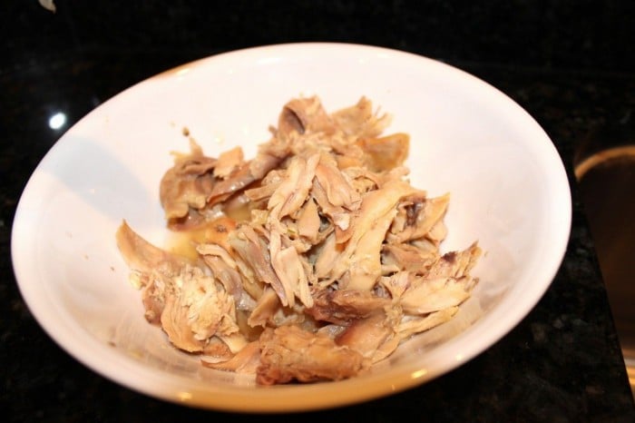 The chicken pulled from the carcass. Chop and save until you are ready to put together the final soup.