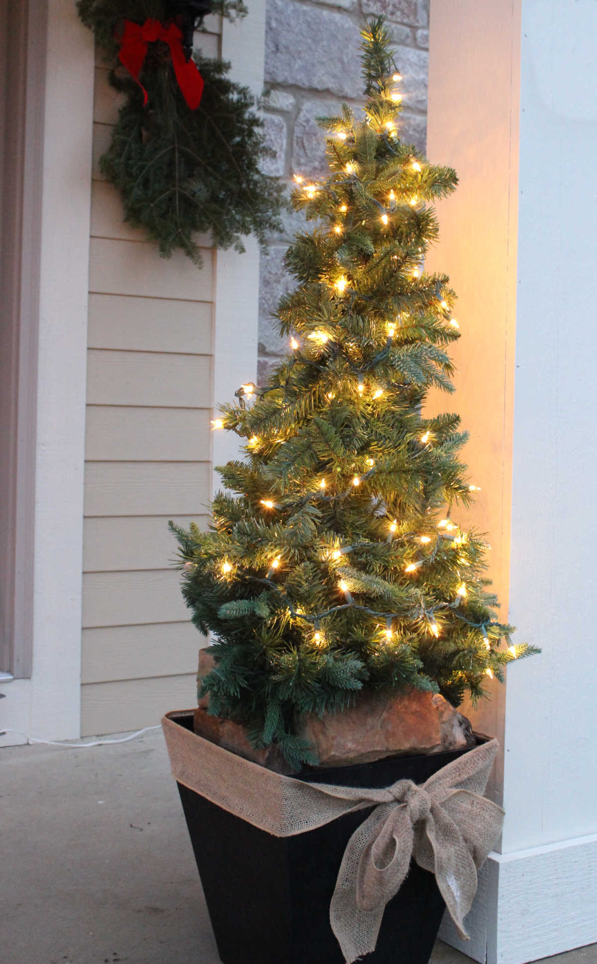 This small tree with white lights was put into a planter with a burlap fabric bow.