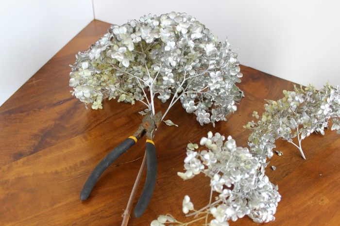 I used my silver painted hydrangeas to fill in my tree. I cut smaller pieces for parts of the tree that didn't have room for the big blooms.