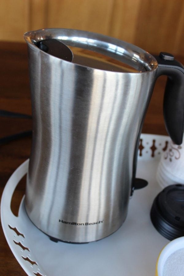 An electric kettle. We discovered this in Europe a couple of years ago. It boils water super quickly and is safer for the kids to use for the kids.