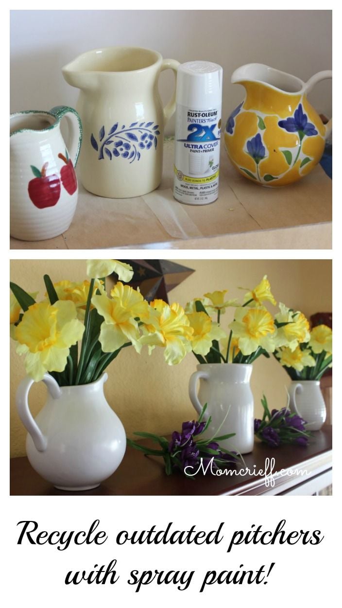 The before and after of tacky pitchers being transformed to beautiful, stylish white pitchers.