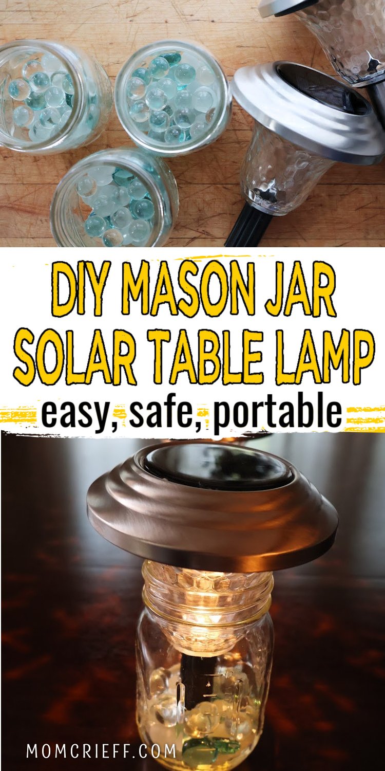 DIY mason Jar Solar Table Lamp made with mason jar, marbles and the top of a landscaping solar light. 