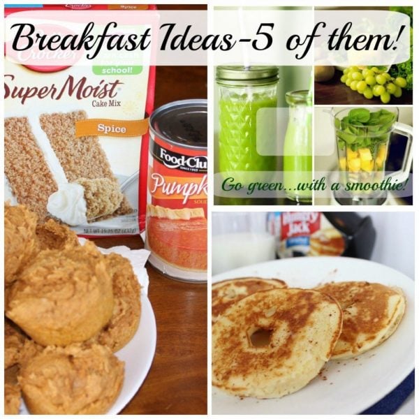 collage showing green smoothies, pumpkin muffins and pancake apple rings.