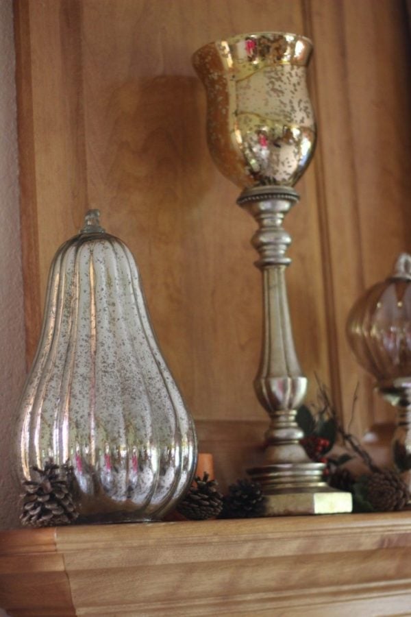 fall mercury glass decor on mantle