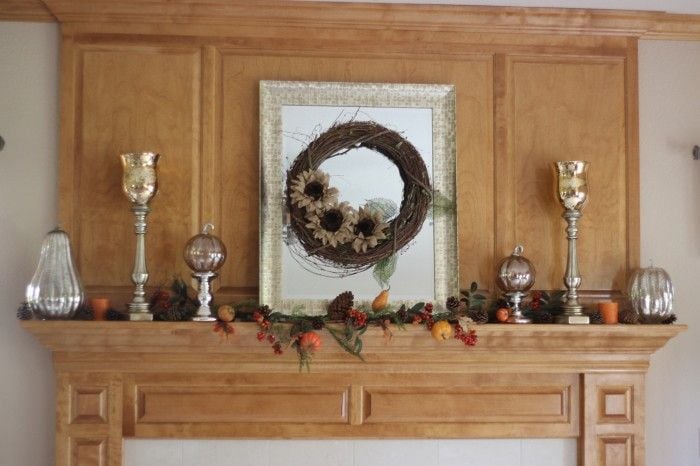 Completed fall mantle with lots of pretty mercury glass pumpkins