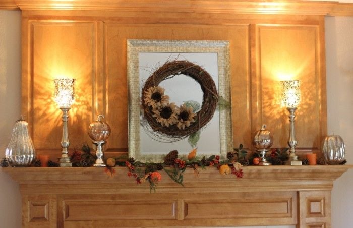 fall mantle with pretty wreath on a mirror