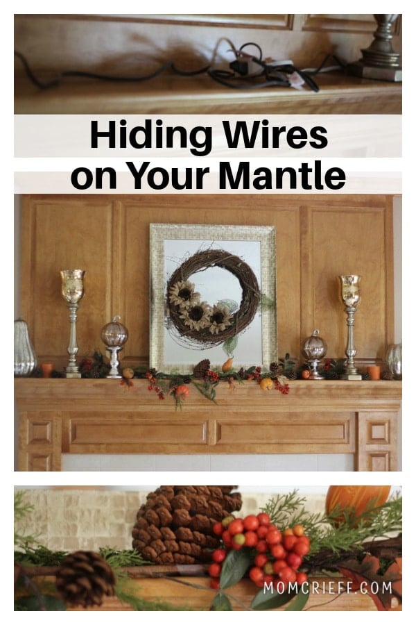 collage with mantle showing wires tucked behind a mirror and garland