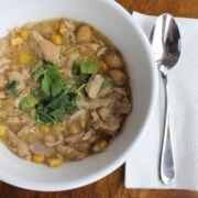 white chicken chili in a white bowl.