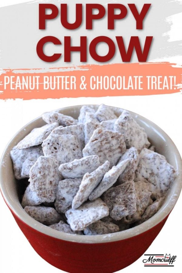 close up of puppy chow, a cereal treat covered in peanut butter and chocolate