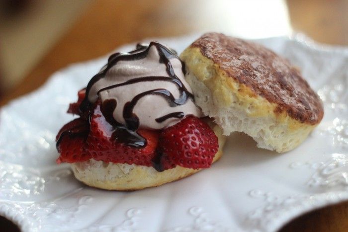 Strawberry shortcake with chocolate whipped cream.