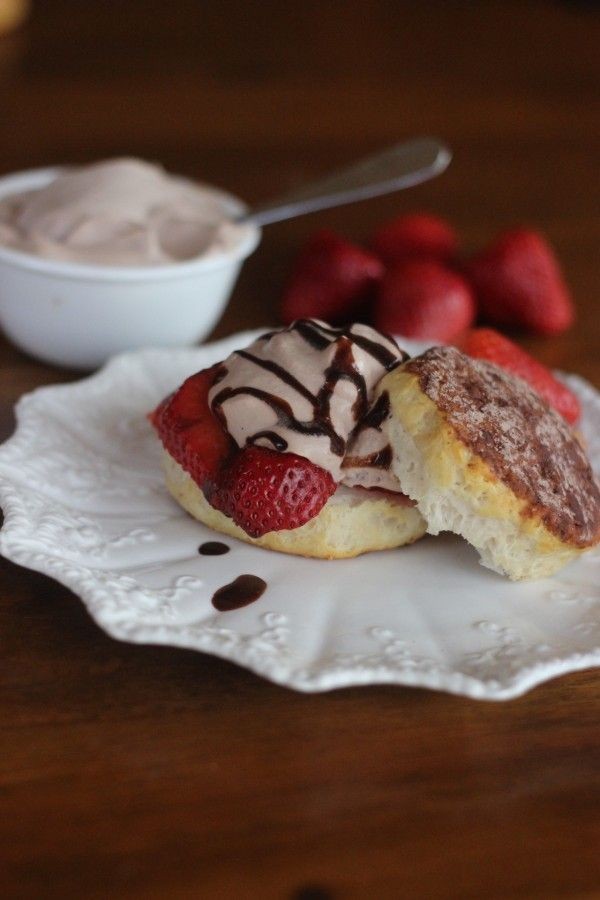 Strawberry shortcake with chocolate whipped cream.