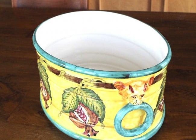 A colorful porcelain container that needs updating and repurposing