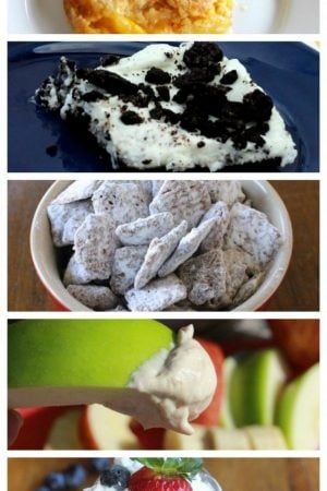 Five easy dessert/treats for you to make and bring. Includes a red, white and blue peach truffle, ore cookie dessert, three ingredient peach cobbler, peanut butter fruit dip and puppy chow recipes.