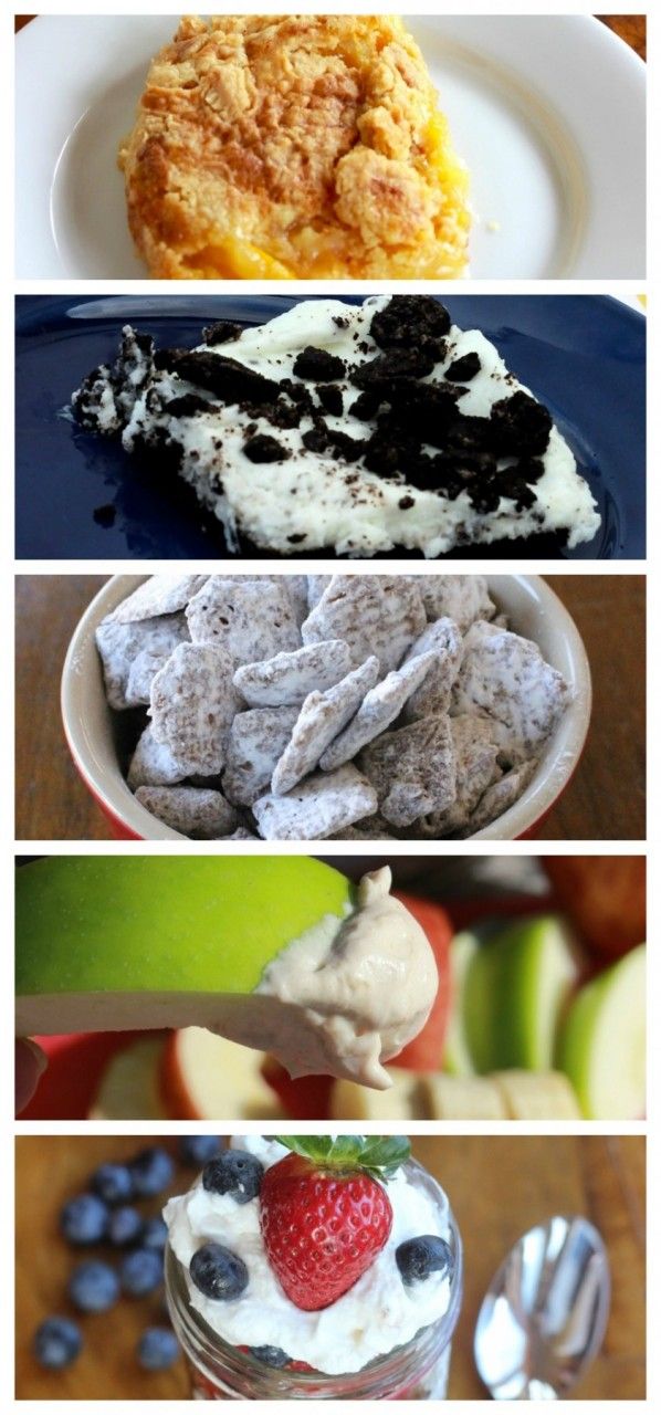 Five easy dessert/treats for you to make and bring.  Includes a red, white and blue peach truffle, ore cookie dessert, three ingredient peach cobbler, peanut butter fruit dip and puppy chow recipes.