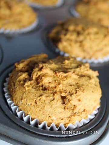 2 ingredient pumpkin muffins in muffin tin