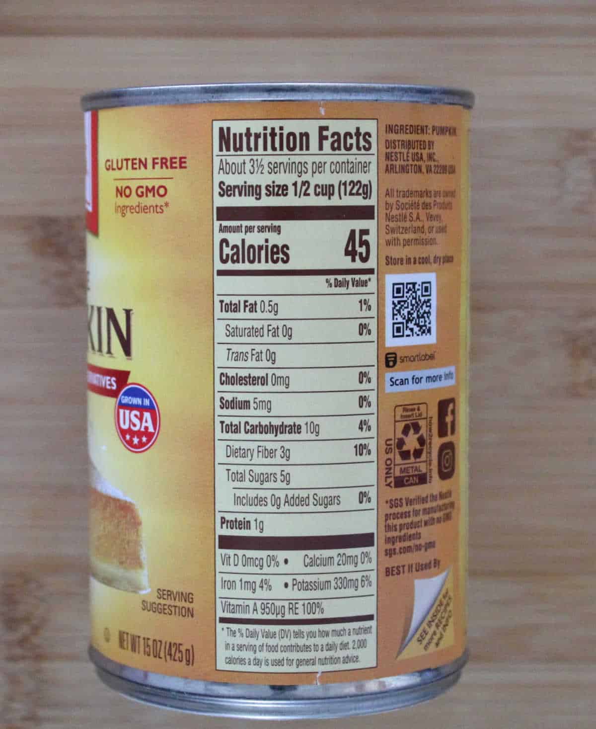 Nutrition facts from side of Libby's pumpkin puree can