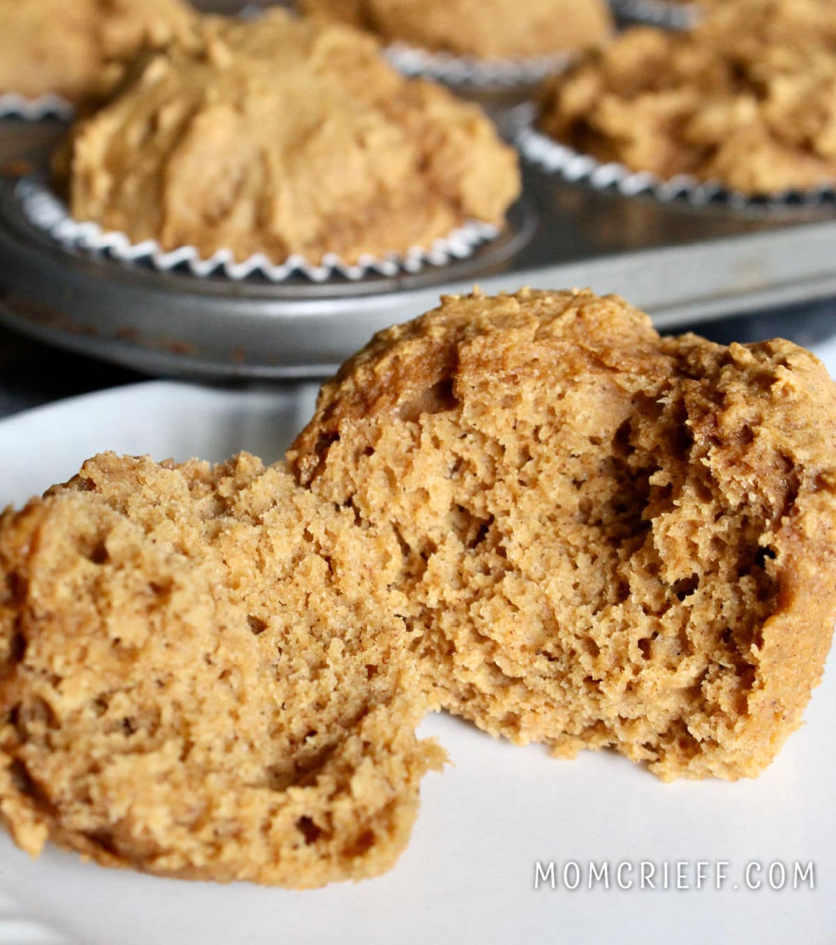 2 ingredient pumpkin muffin split in half