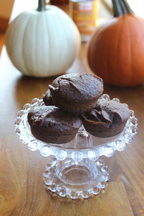 Chocolate pumpkin muffins. Just three ingredients. Tastes chocolatey but is still healthy, with a full can of pumpkin in the mixture!