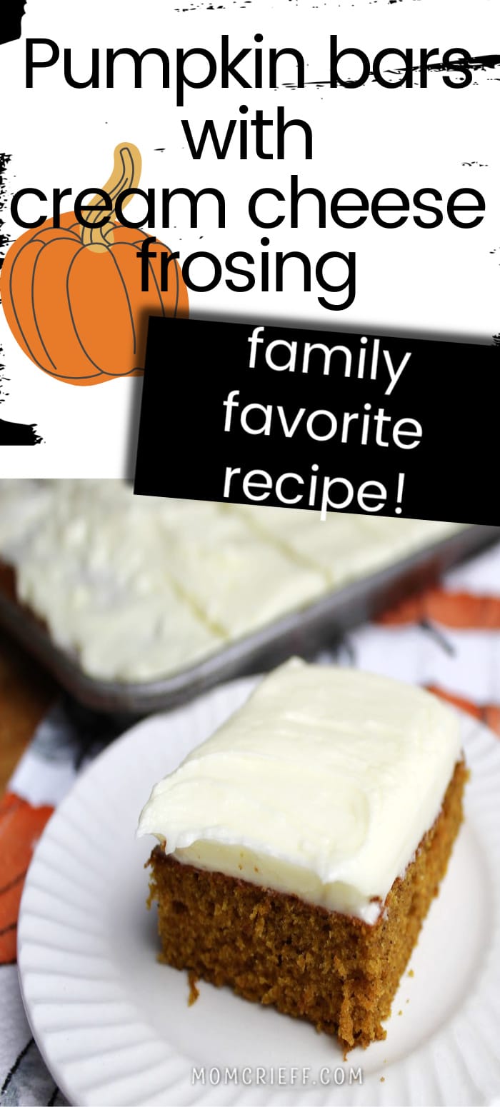 pumpkin bars with text overlay stating family favorite.