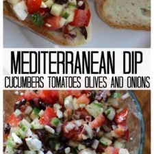 mediteranian dip with fresh cucumbers, tomatoes, onions , olives & feta