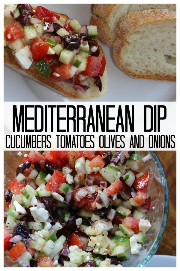 mediteranian dip with fresh cucumbers, tomatoes, onions , olives & feta