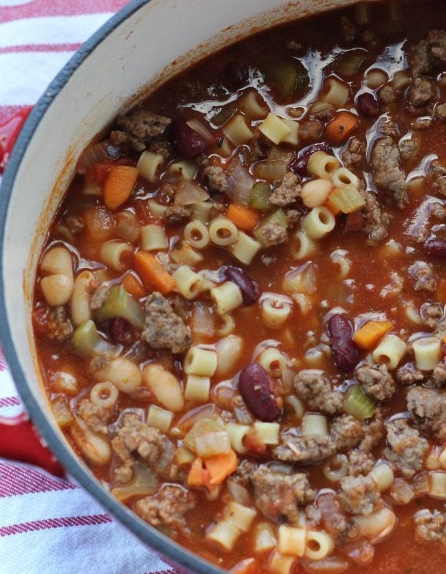 Pasta Fagioli soup in a red pot.