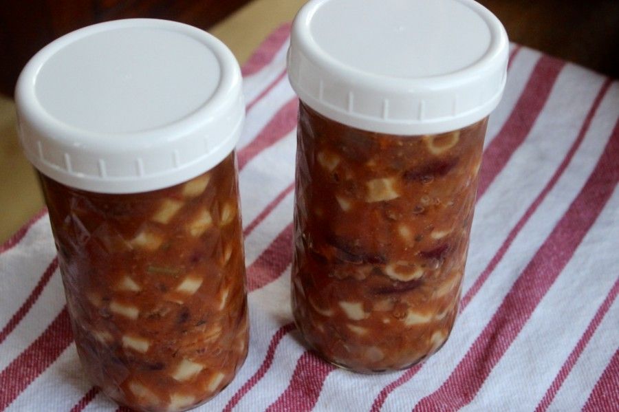 Pasta Fagioli stored in mason jars.