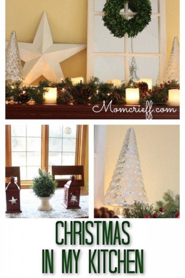 collage of christmas decor in different areas in the kitchen