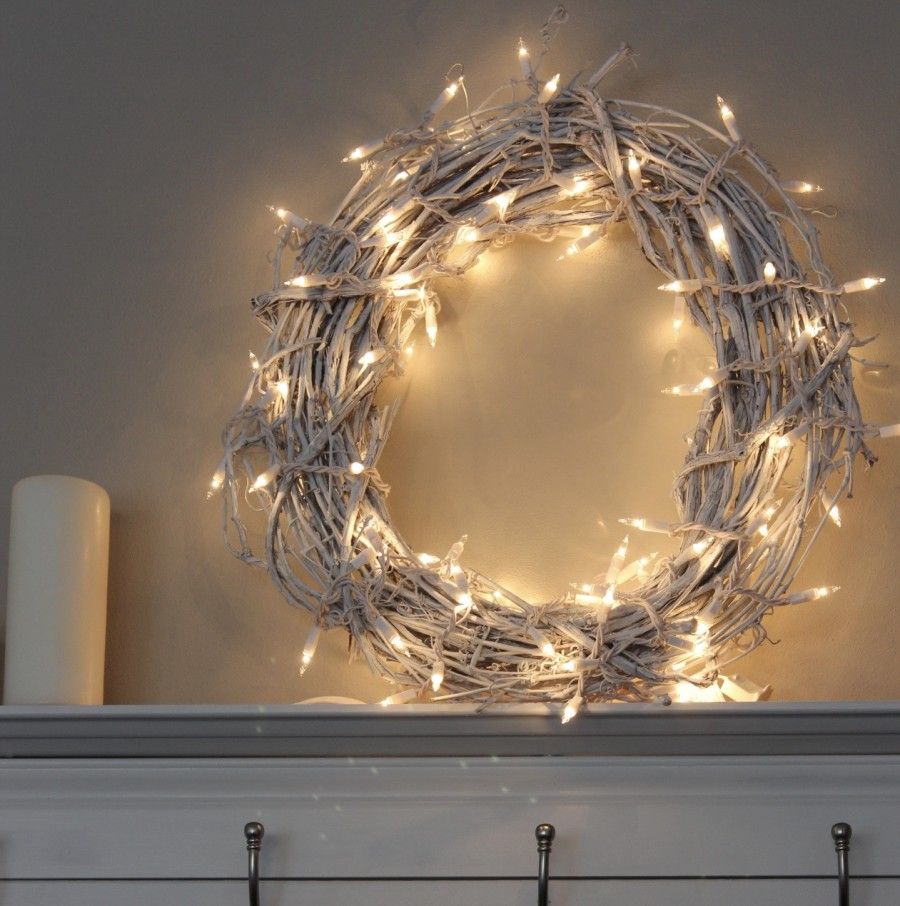 White Christmas Wreath with white lights on