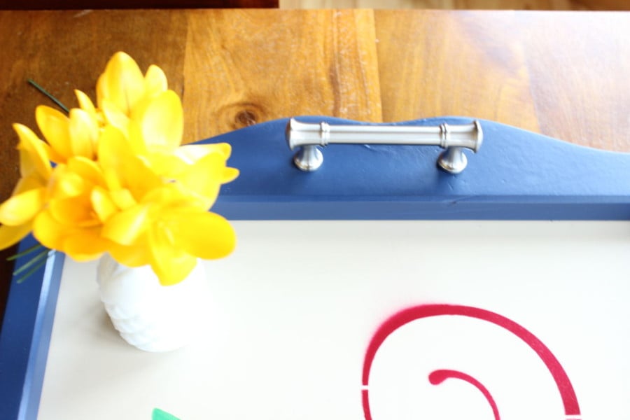Bloom Where You Are Planted tray with pretty drawer pulls as the tray handles