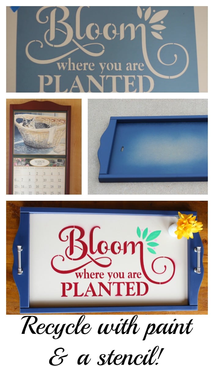 Collage of steps to stencil a tray that says Bloom where you are Planted.