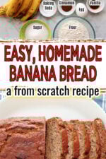 upper image shows ingredients used to make banana bread, lower image shows a banana loaf sliced, text says Easy homemade banana bread - a from scratch recipe.