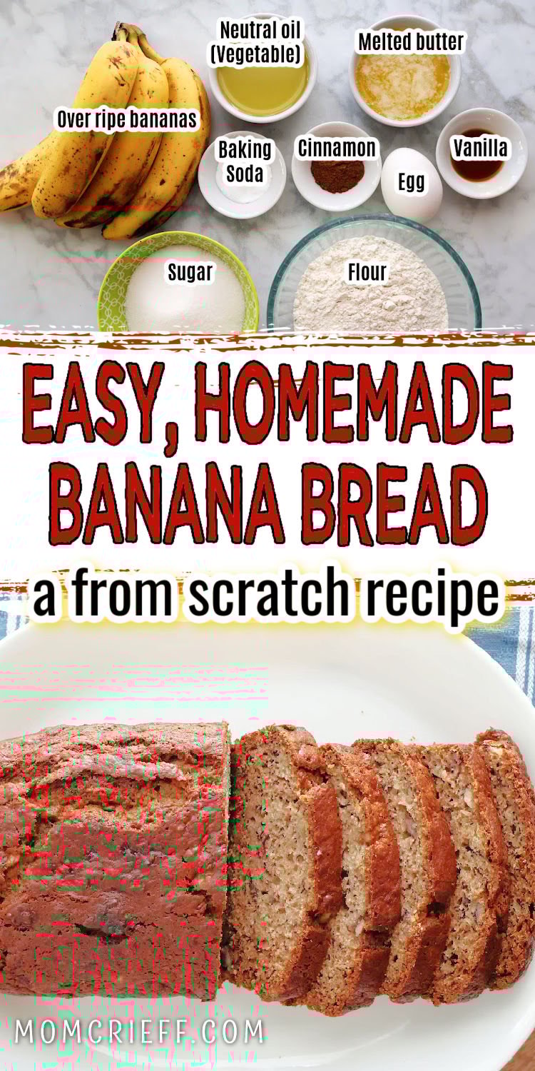 upper image shows ingredients used to make banana bread, lower image shows a banana loaf sliced, text says Easy homemade banana bread - a from scratch recipe.