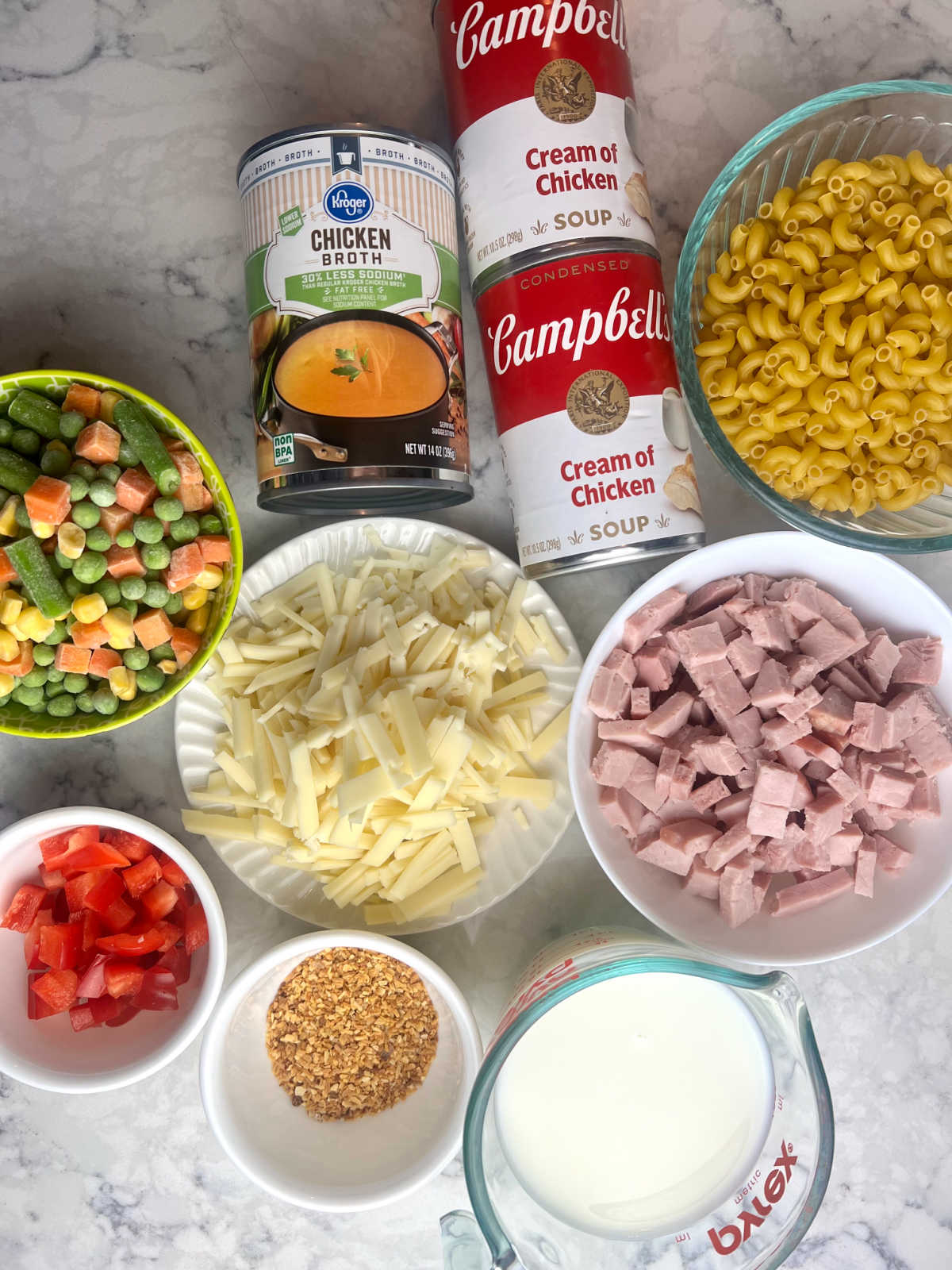 Ingredients for ham and swiss noodle casserole