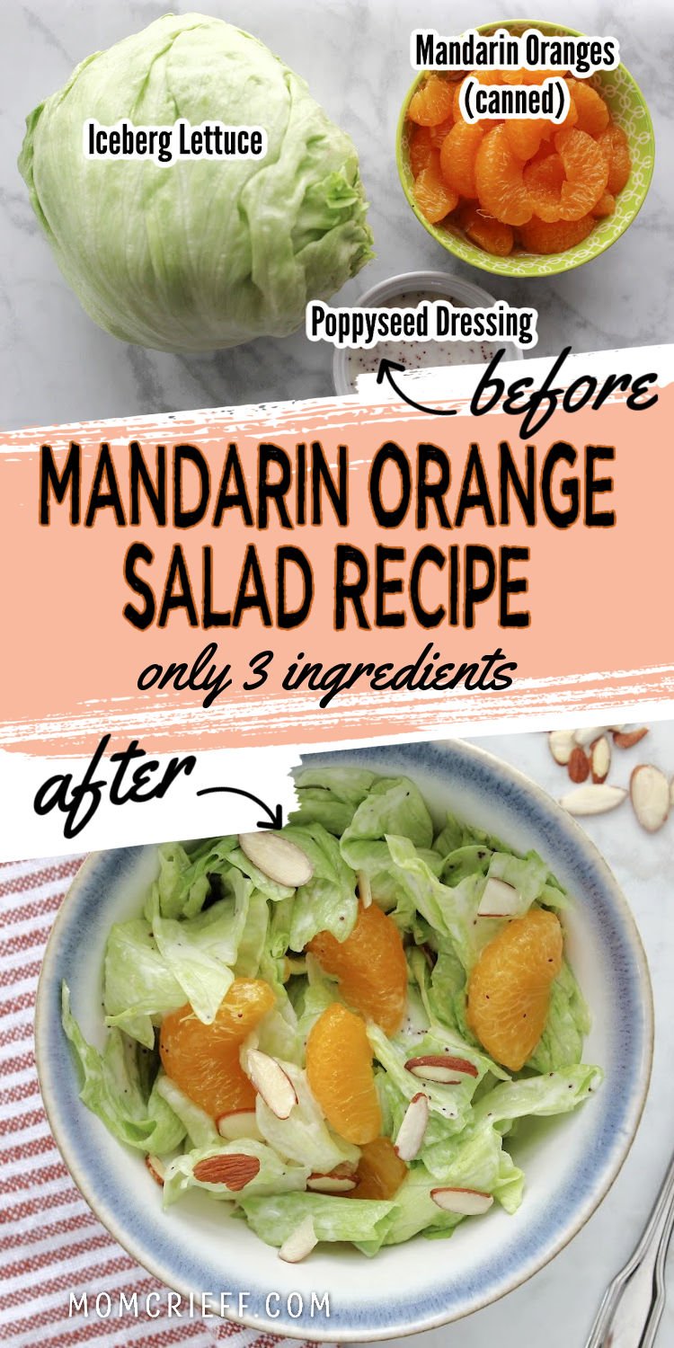 Top image shows ingredients: iceberg lettuce, mandarin oranges and poppyseed dressing. Bottom image shows the finished salad in a pretty bowl with a blue rim.