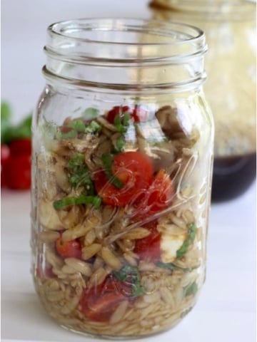 Caprese Orzo Salad in a mason jar