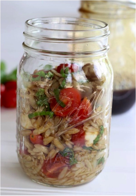 Caprese Orzo Salad in a mason jar