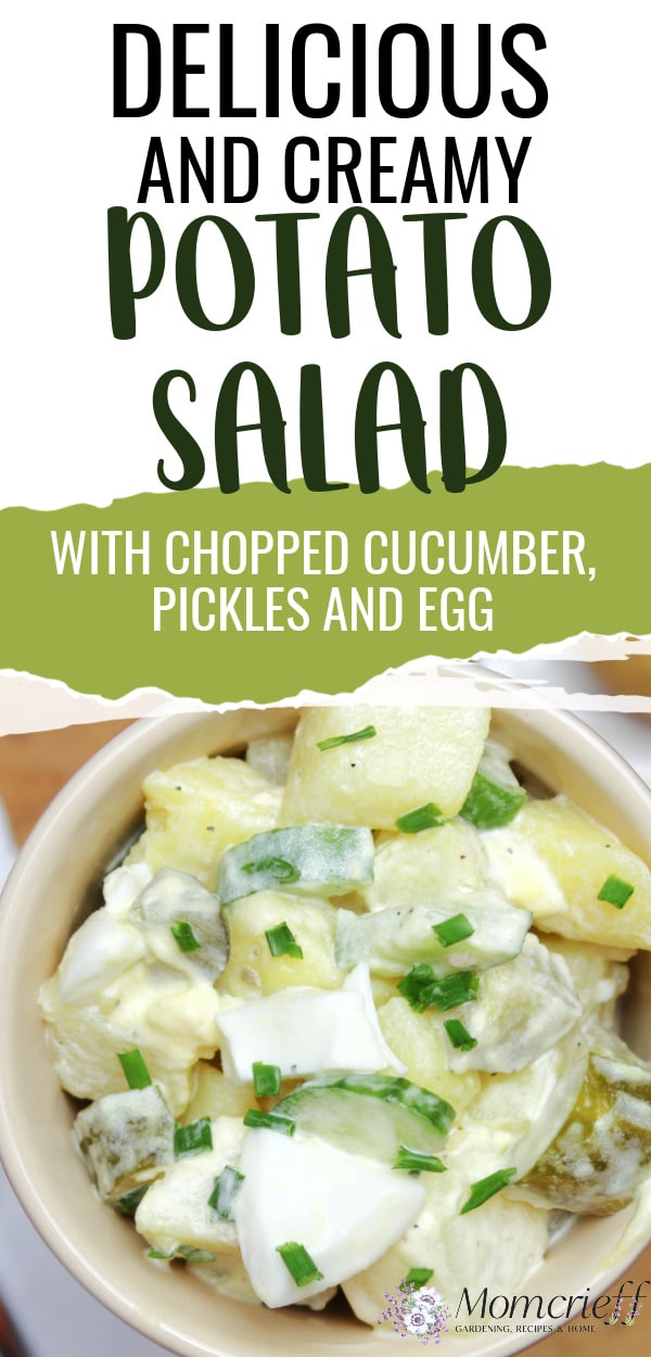 Potato salad with a text overlay stating it's a delicious and creamy potato salad.