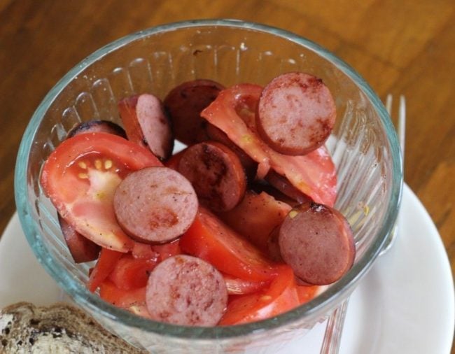 Tomato Kielbasa Salad in a bowl 