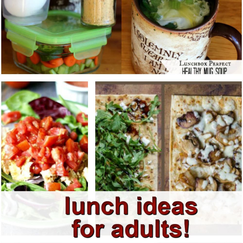 collage of lunch ideas includiing vegetable salad, soup in a mug, and flatbread
