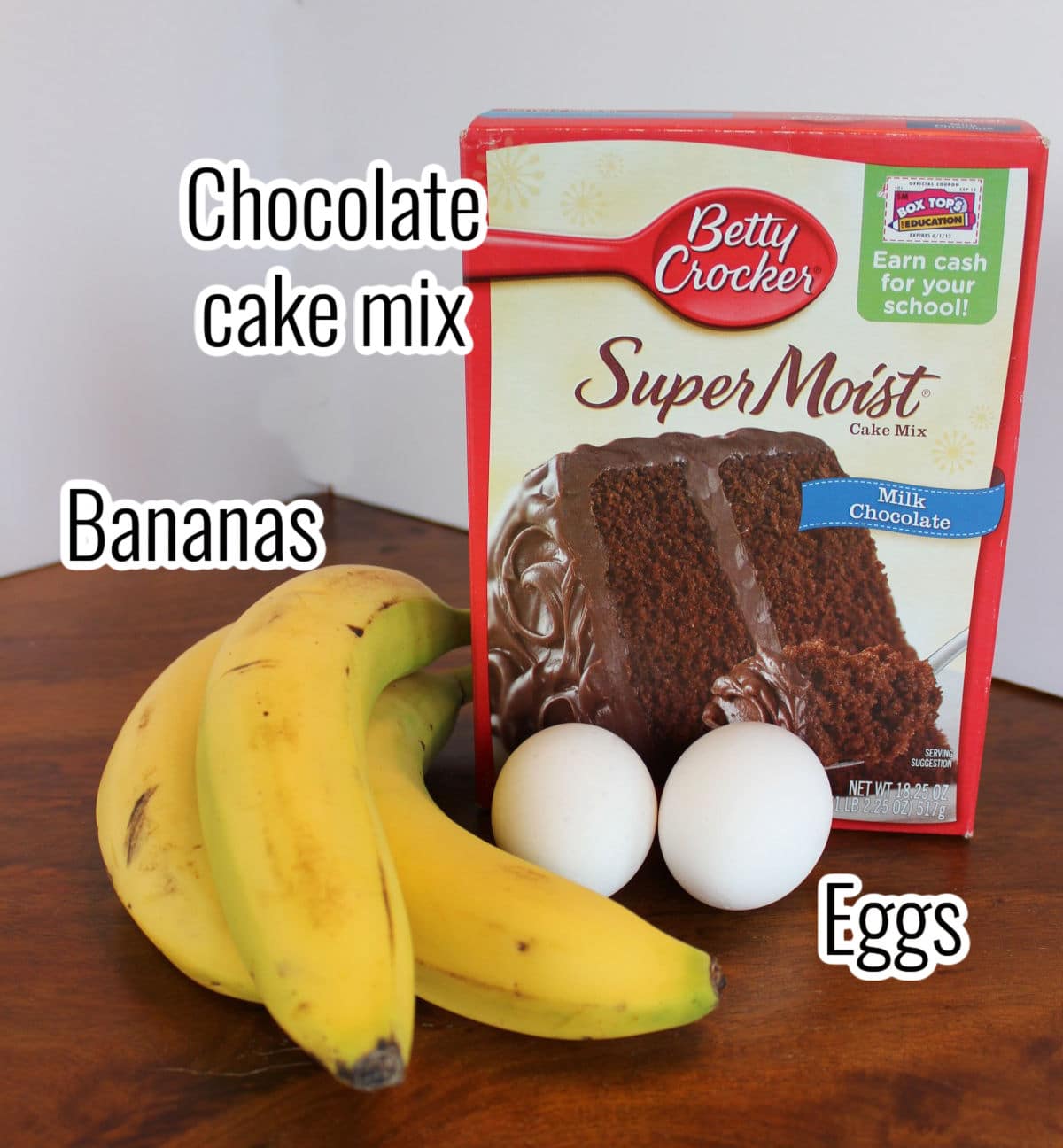 labeled ingredients including chocolate cake mix, bananas and eggs
