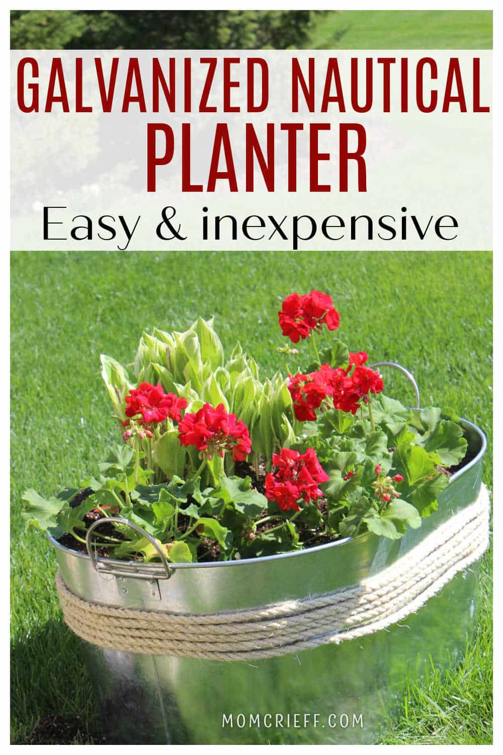 red geraniums and hostas in a galvanized tub 