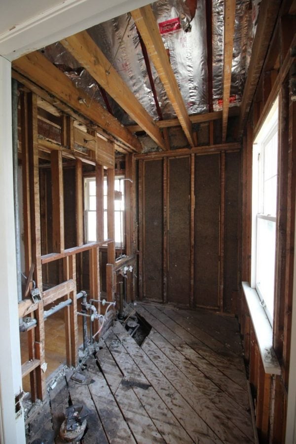 Main bathroom down to the studs during bathroom remodel